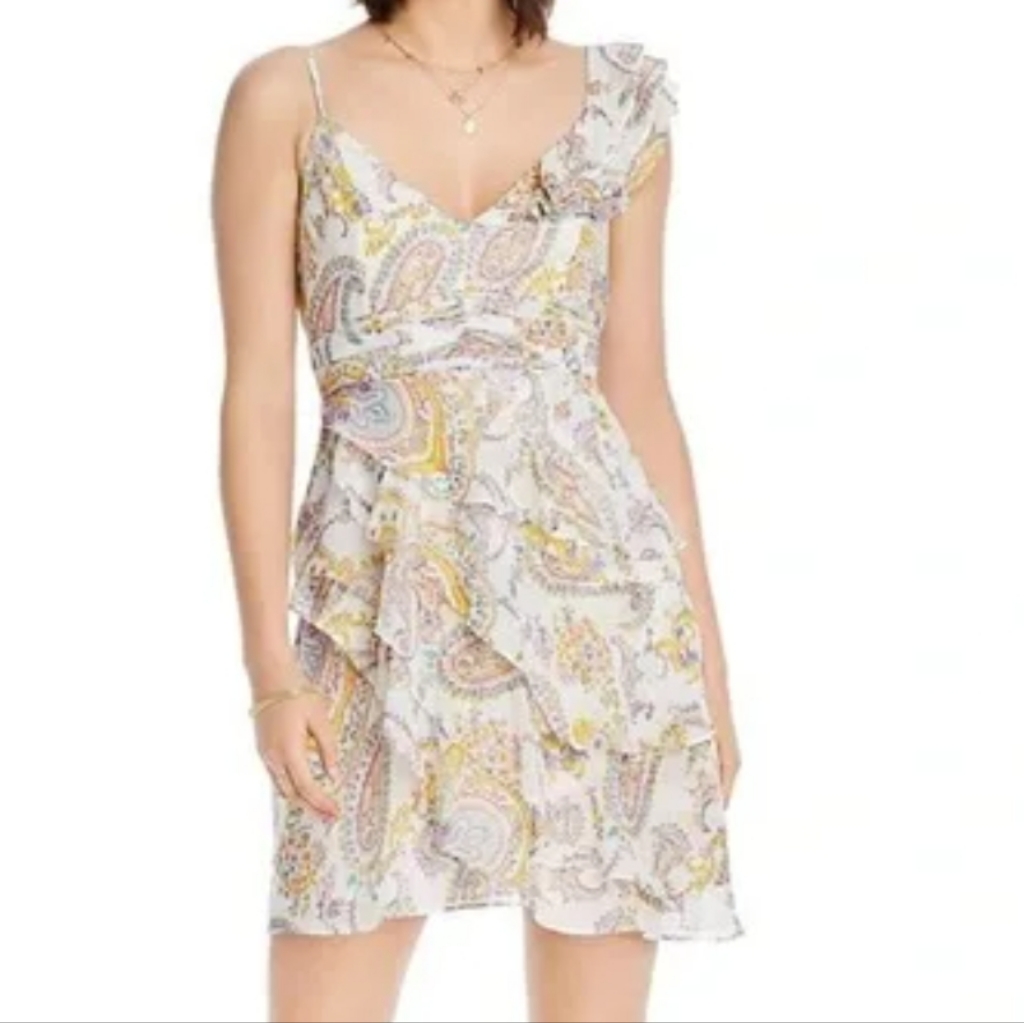 Nwt Lini Naomi Dress Ruffled V Neck Mini Dress Medium Paisley Ivory